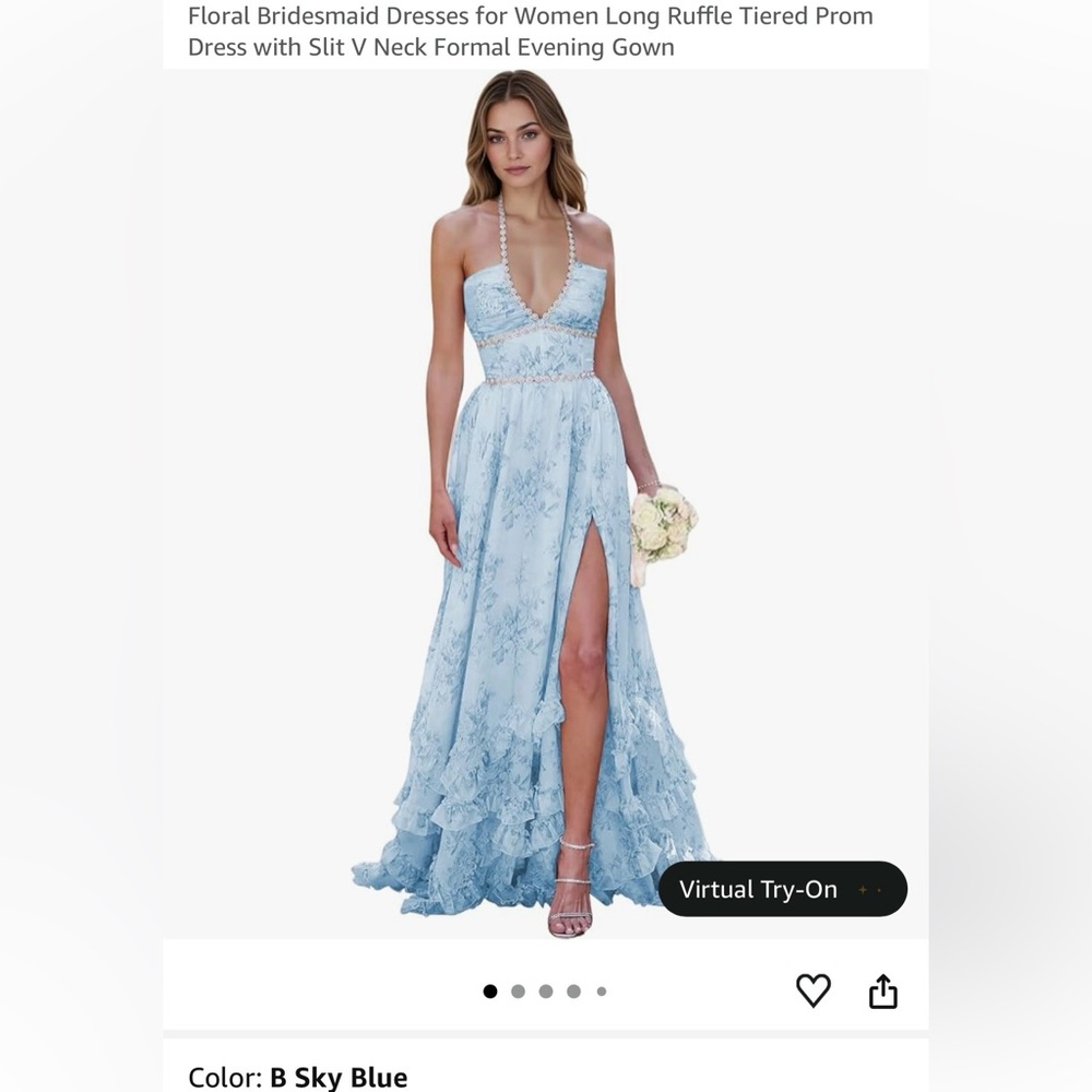 Sky Blue Lace Halter Prom Dress with High Slit
